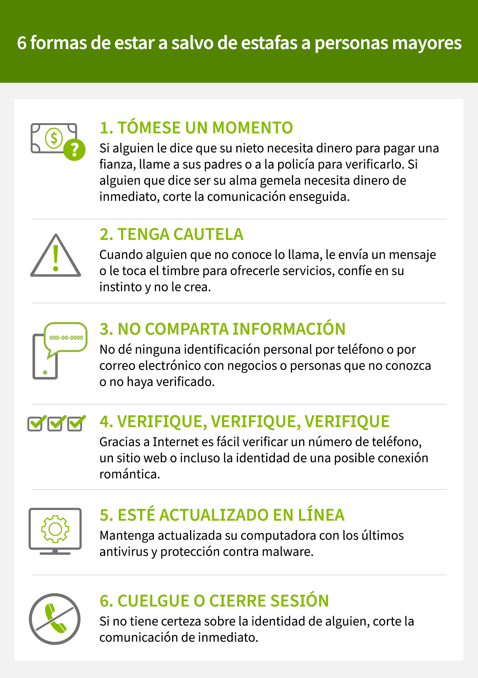 La infografía titulada "6 maneras de mantenerse a salvo de las estafas dirigidas a personas mayores" presenta seis consejos de seguridad para ayudar a prevenir el fraude contra personas mayores:1. Dé un paso atrás: si alguien afirma que un nieto necesita dinero para pagar una fianza, verifique la información con la familia o con la policía. Si un nuevo interés romántico le pide dinero con urgencia, finalice el contacto. 2. Sea cauteloso: desconfíe de llamadas, mensajes de texto u ofertas puerta a puerta no solicitadas de personas desconocidas. 3. No comparta: nunca proporcione datos de identificación personal por teléfono o correo electrónico a fuentes no verificadas. 4. Verifique, verifique, verifique: utilice internet para confirmar números de teléfono, sitios web o incluso la identidad de una posible pareja romántica. 5. Manténgase actualizado: mantenga las computadoras actualizadas y con protección antivirus y contra malware para reducir el riesgo de estafas. 6. Cuelgue o cierre la sesión: si la identidad de alguien no es clara, finalice la interacción de inmediato.