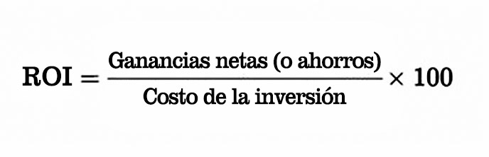 Fórmula para calcular el retorno de la inversión (ROI): el ROI es igual al beneficio neto o al ahorro dividido por el costo de la inversión, multiplicado por 100.